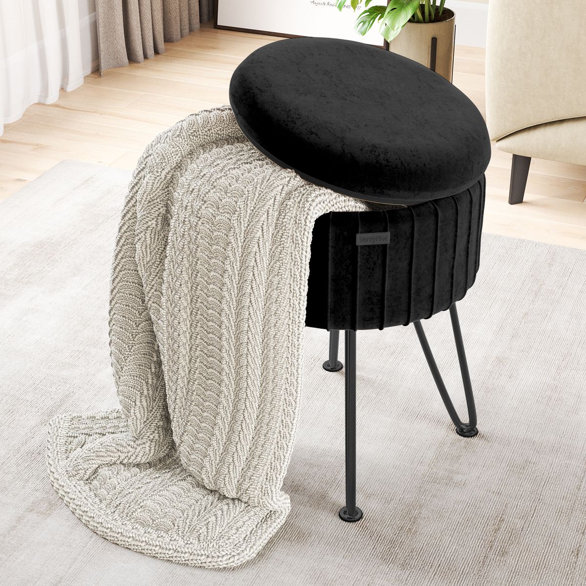 Pleated Velvet Storage Ottoman